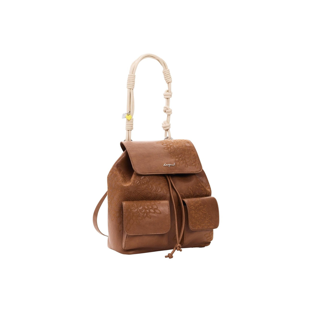 Image 3 : Vue d'ensemble sac à dos femme Desigual marron caramel motif végétal gaufré et finitions corde — delvale