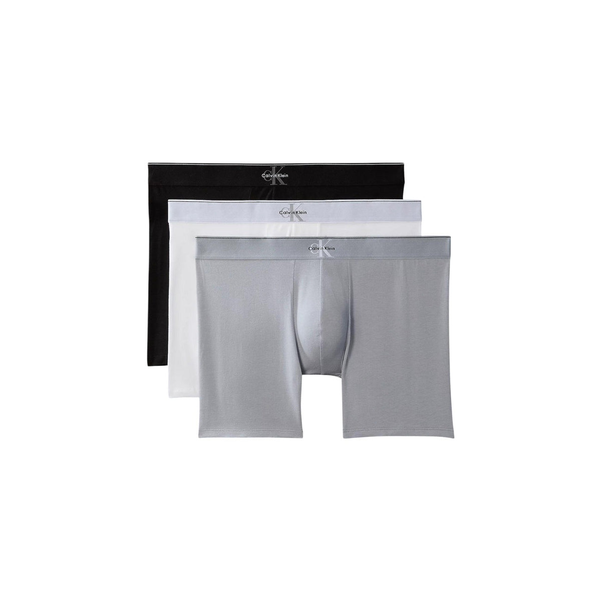 Image 11 : Pack 3 boxers Calvin Klein Underwear noirs, bandes élastiques rose blanche grise, vue produit sur fond blanc — Delvale