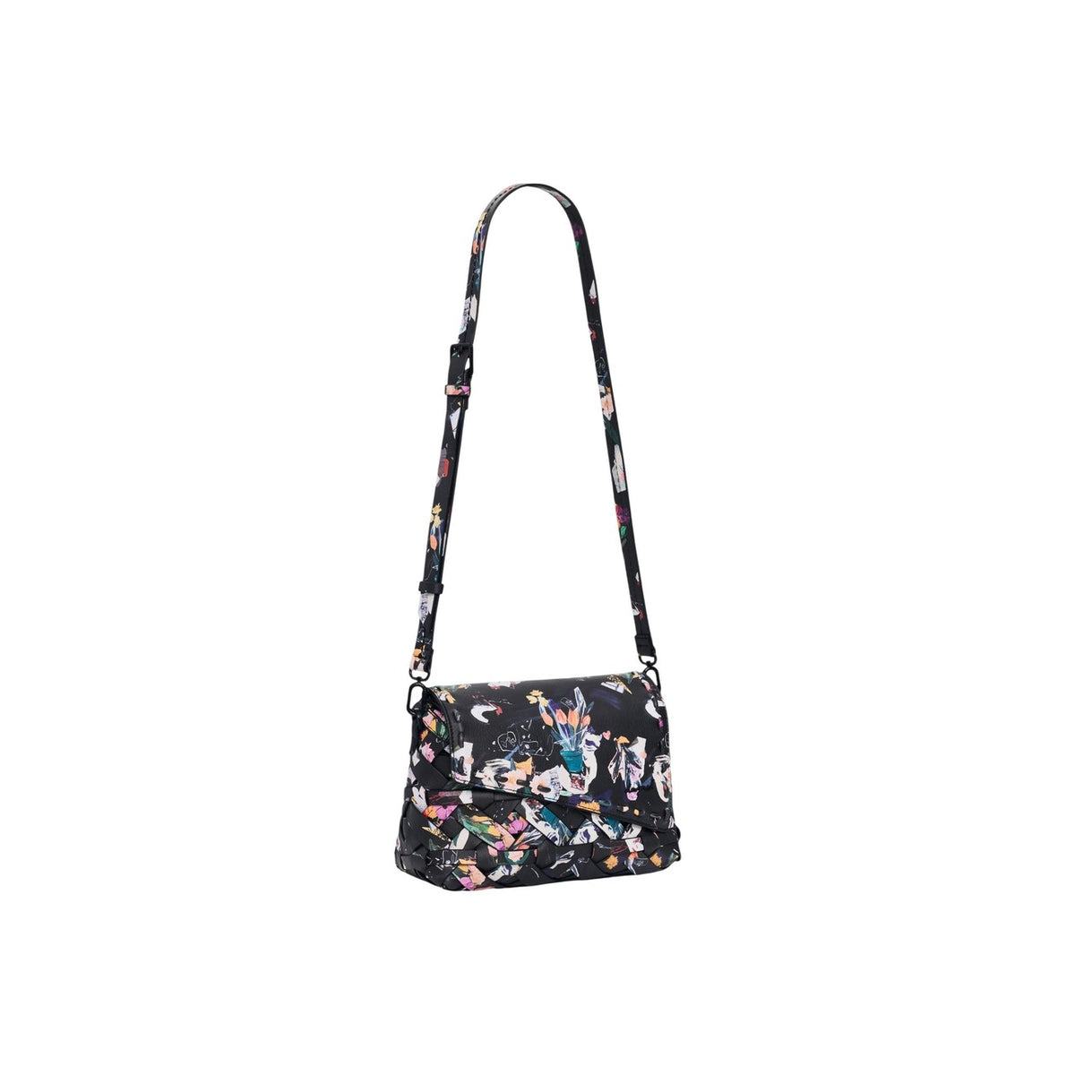 Image 2 : Détail de l'imprimé floral coloré du sac bandoulière Desigual noir, motifs tulipes et fleurs — delvale