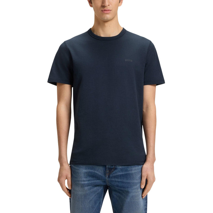 T-shirt Boss homme bleu marine coupe régulière encolure ronde côtelée, vue de face rapprochée