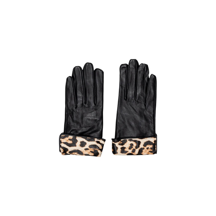 Image 1 : Paire de gants femme Pieces en cuir noir avec manchette imprimé léopard, vue de face fond blanc — Delvale