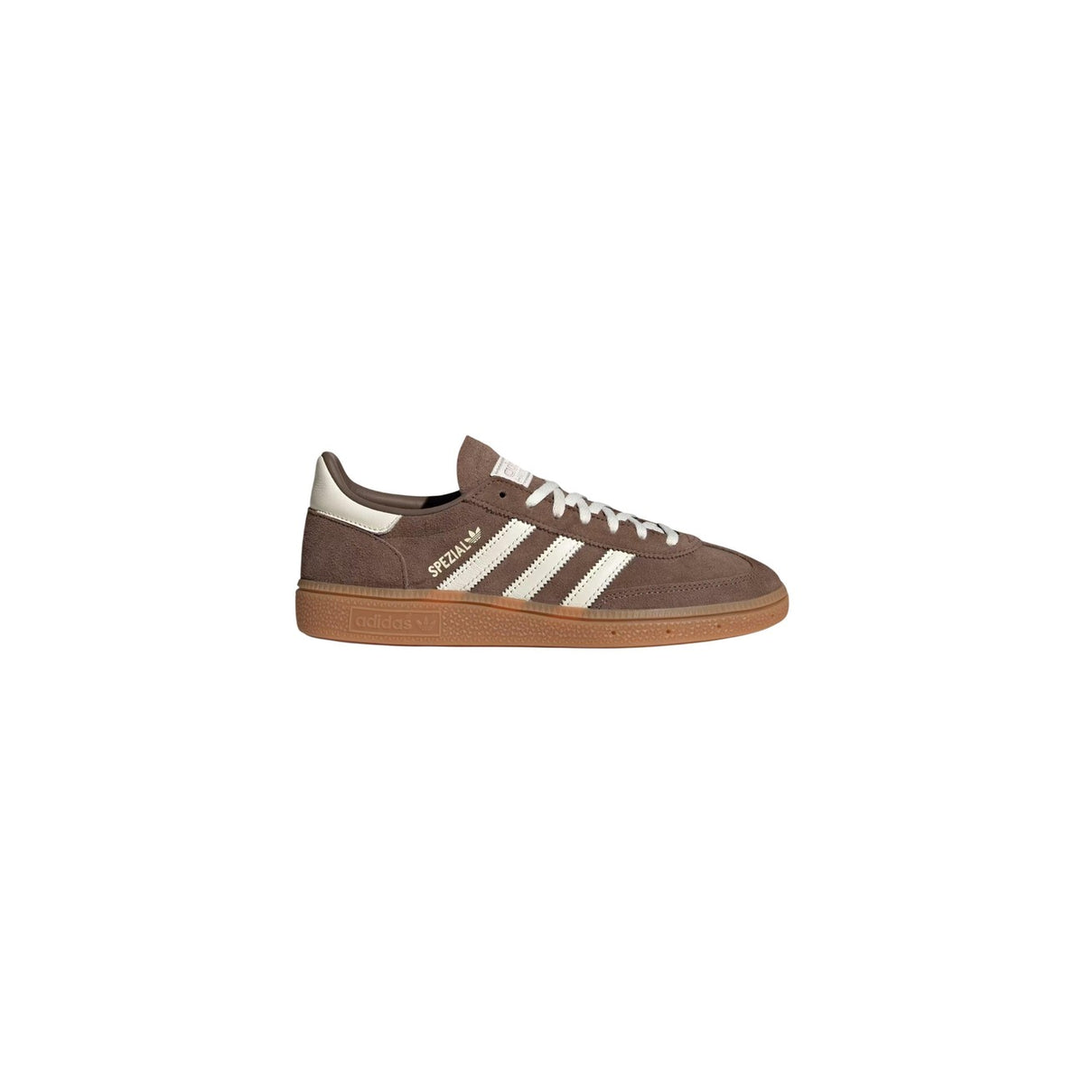 Image 1 : Adidas Originals Handball Spezial vue de profil gauche, tige suède marron et trois bandes crème sur semelle gomme — Delvale