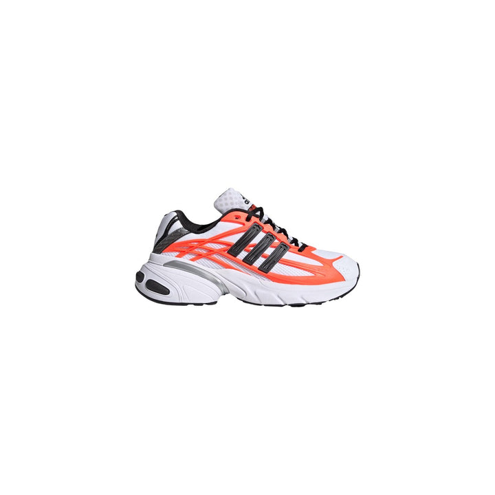 Image 1 : Adidas Originals Adistar XLG 2.0 baskets homme vue de profil gauche, coloris blanc et orange avec trois bandes noires, semelle chunky caoutchouc — Delvale