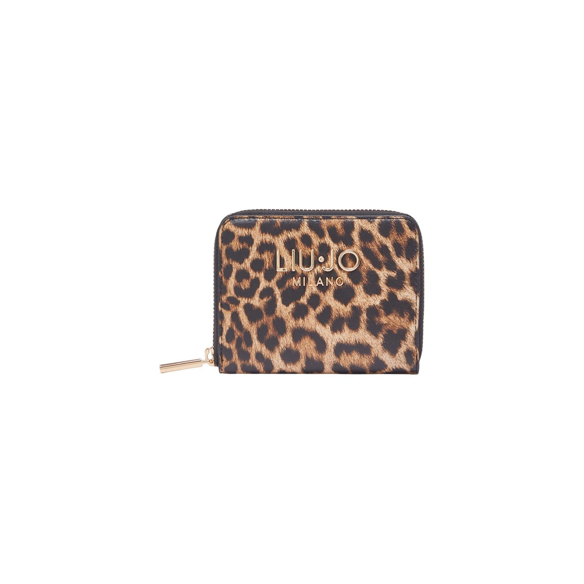 Image 1 : Portefeuille compact Liu Jo Milano motif léopard brun et noir, fermeture zip dorée et logo métallique doré, vue de face sur fond blanc — Delvale