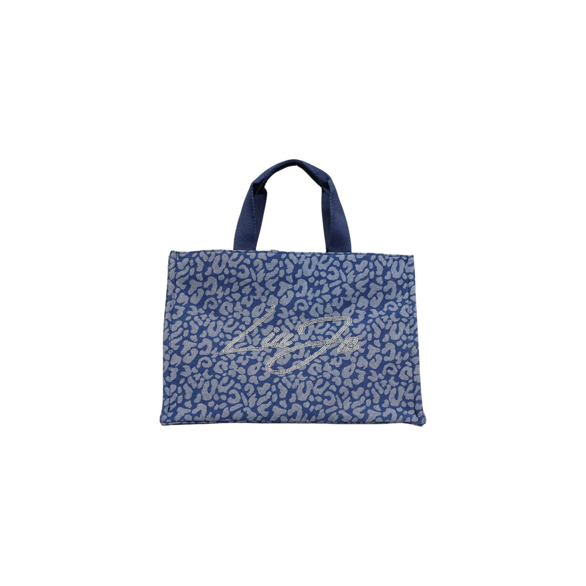 Image 1 : Tote bag Liu Jo femme en toile bleu marine imprimé léopard gris avec logo signature en strass argentés, vue de face — Delvale