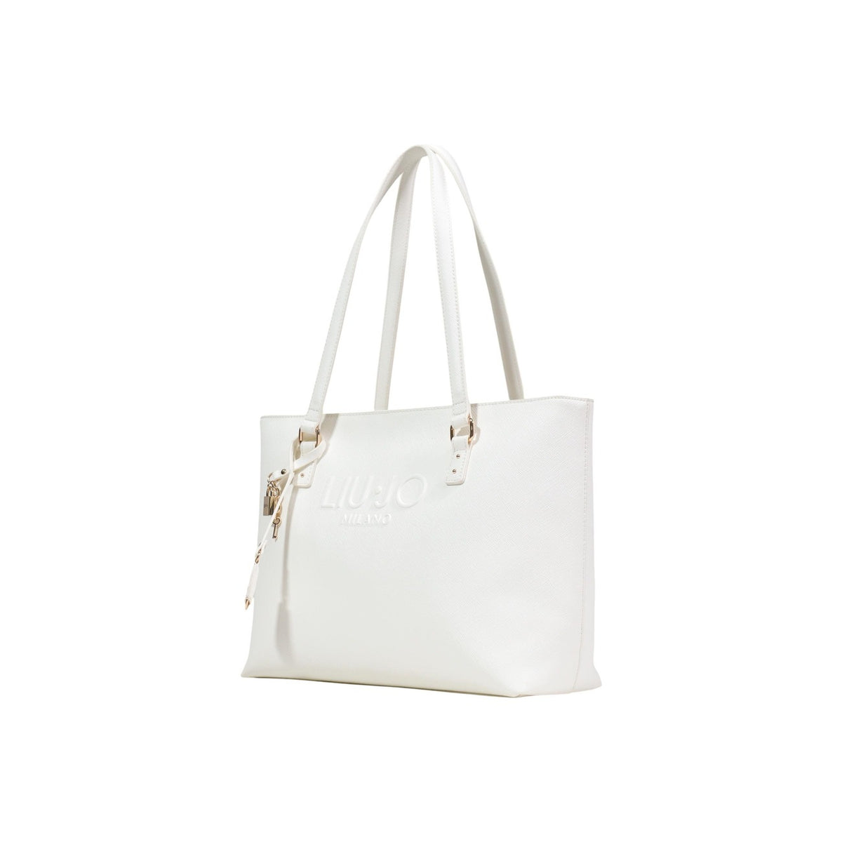 Image 2 : Sac à main Liu Jo blanc nacré cabas structuré avec quincailleries dorées et breloque signature, vue de face — Delvale