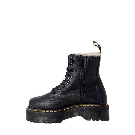 Dr. Martens Jadon fourrées noires femme, vue latérale avec col fourré apparent et semelle plateforme