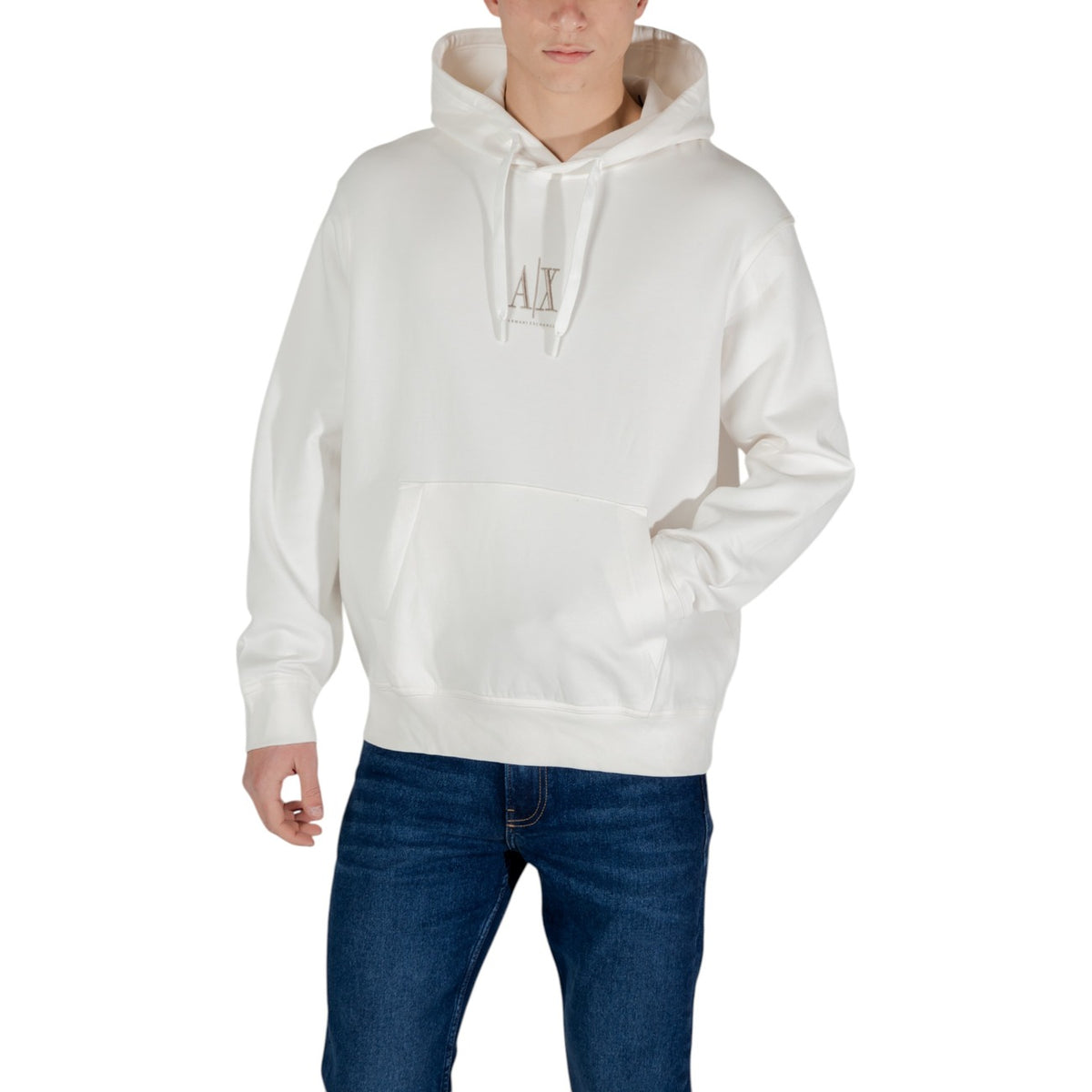 Sweat à capuche Armani Exchange homme blanc, logo AX centré sur la poitrine, poche kangourou et cordons de serrage