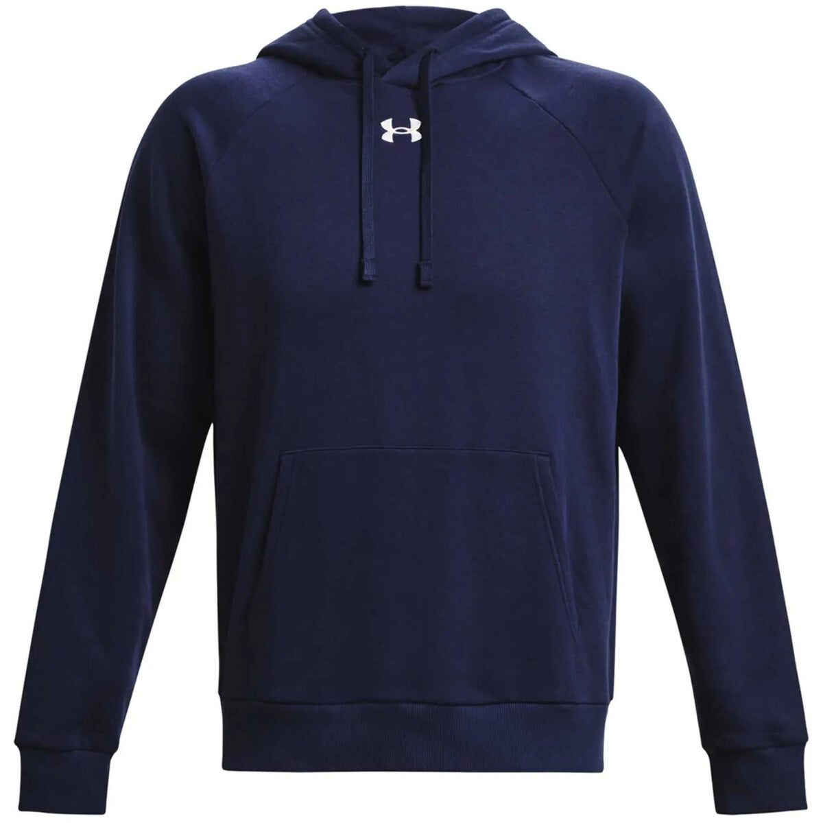 Sweat à capuche Under Armour homme bleu marine logo blanc brodé poitrine poche kangourou, vue de face à plat