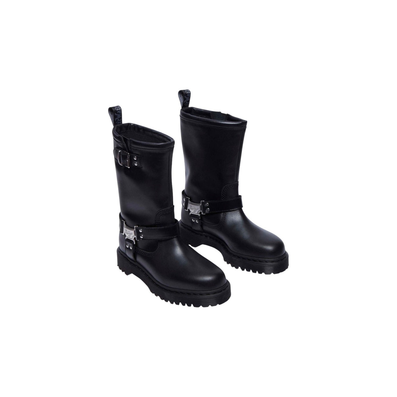 Dr. Martens Anistone Hi noires vue avant trois-quarts avec brides et boucles