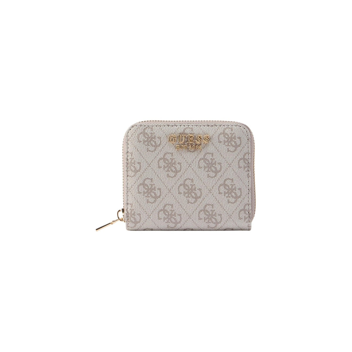 Image 1 : Portefeuille compact Guess femme motif monogramme 4G beige avec logo métal doré et fermeture zip dorée — Delvale