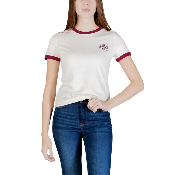 Image 1 : T-shirt Guess Active beige femme avec monogramme G brodé bordeaux et liserés contrastants — delvale