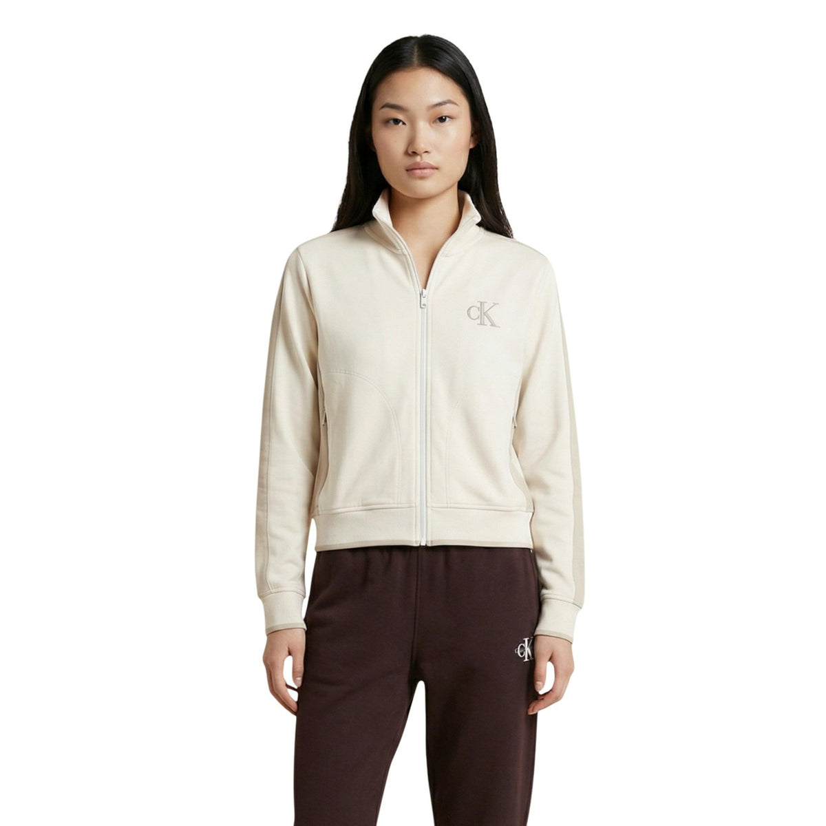 Image 1 : Sweat zippé Calvin Klein Jeans femme beige col montant avec monogramme CK — Delvale