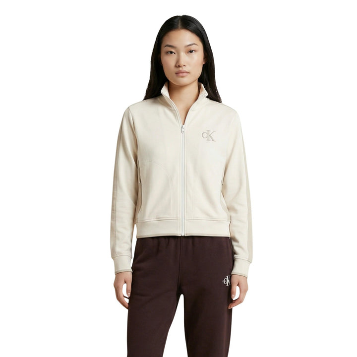 Image 1 : Sweat zippé Calvin Klein Jeans femme beige col montant avec monogramme CK — Delvale