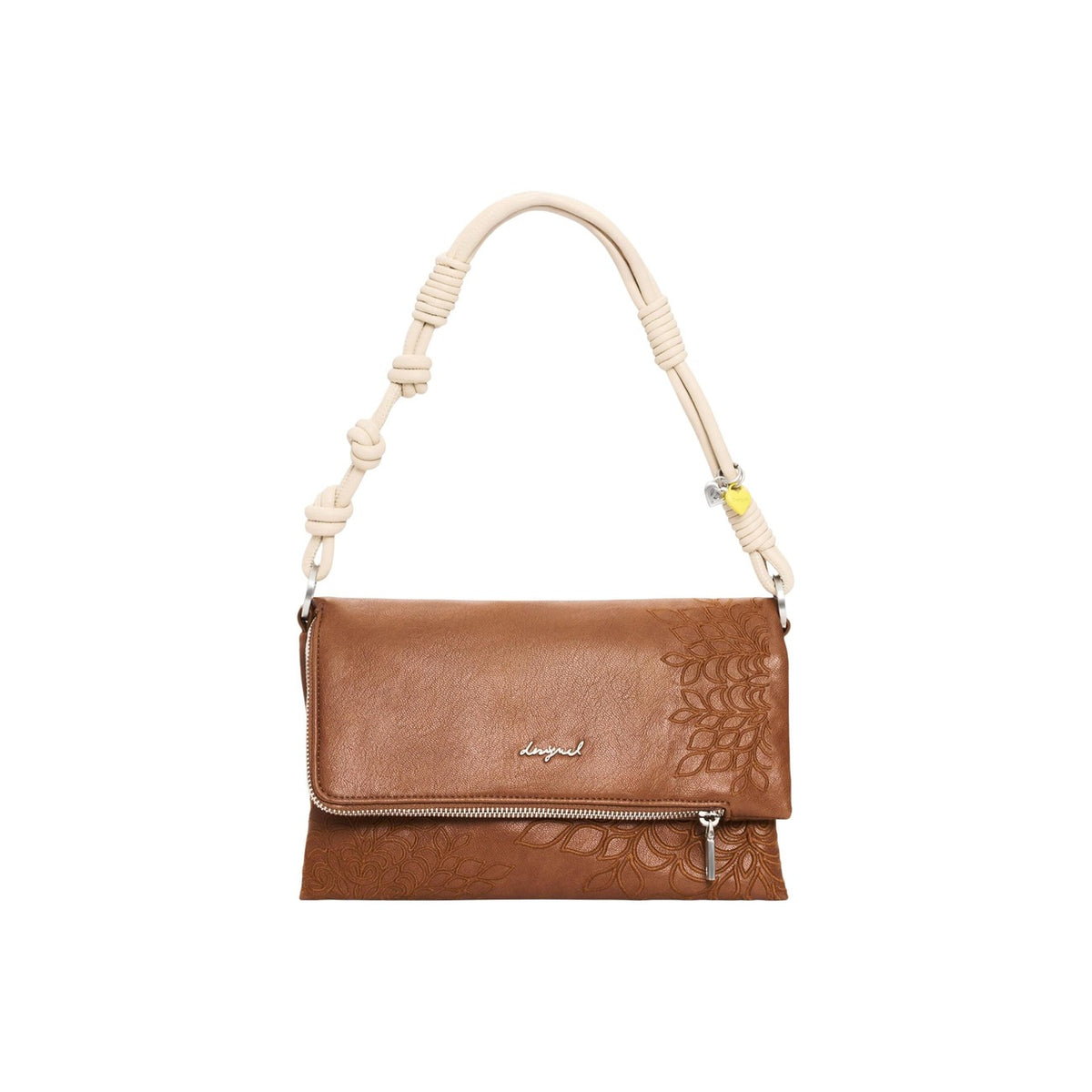 Image 1 : Desigual sac à main femme caramel enveloppe anse corde nœuds écrue bicolore logo cursif argenté — vue face — Delvale