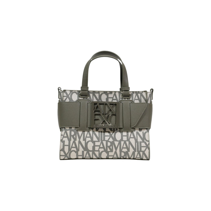 Image 1 : Sac à main femme Armani Exchange jacquard texte allover crème et kaki, double anse et plaque logo AX, vue de face — Delvale