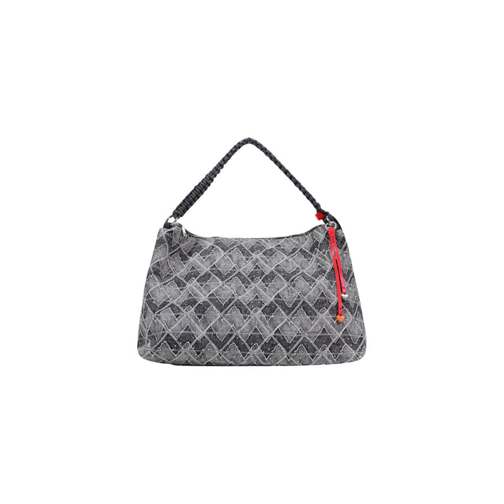 Image 1 : Desigual grand sac hobo femme denim gris géométrique anse macramé tressée noire breloque cordon rouge orange fermeture zip — vue de face — Delvale