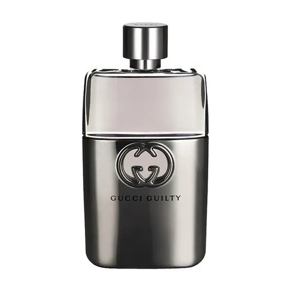 Image 1 : Flacon Gucci Guilty Homme Eau de Toilette, design bicolore acier et transparent avec logo GG en relief, vue de face — Delvale