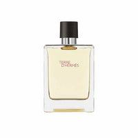 Image 2 : Vue de face du parfum Hermès Terre d'Hermès EDT Homme 200 ml, flacon en verre clair au jus jaune pâle doré, sobre et élégant — Delvale