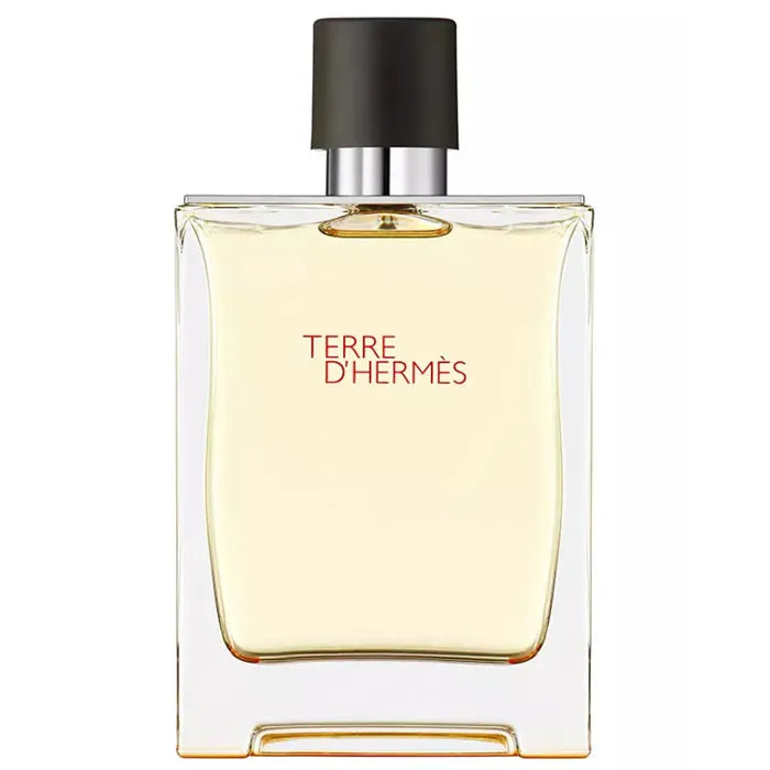 Image 1 : Flacon Hermès Terre d'Hermès Eau de Toilette 200 ml, design rectangulaire transparent avec bouchon anthracite et cerclage argenté, inscription rouge Terre d'Hermès sur fond blanc — Delvale