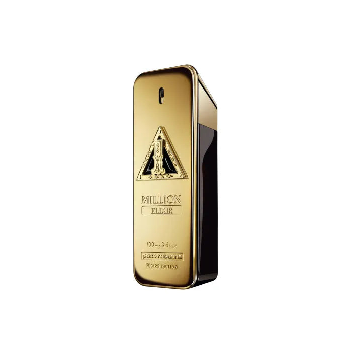 Flacon Paco Rabanne 1 Million Elixir Eau de Parfum Intense Homme 100ml lingot doré tranches noires emblème triangulaire baroque, vue trois quarts gauche