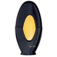 Image 1 : Flacon vaporisateur Paloma Picasso Eau de Parfum 50ml, design ovale noir laqué avec médaillon doré et signature manuscrite, fond blanc — Delvale