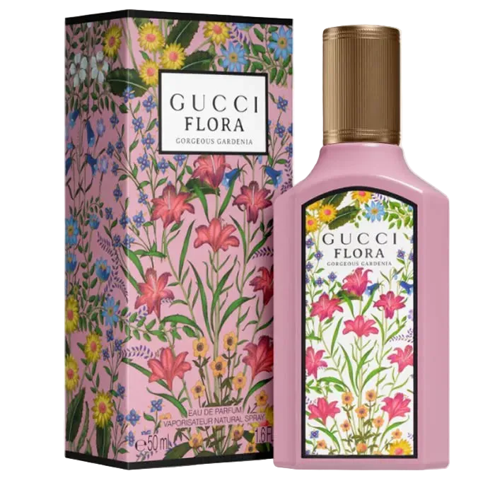 Image 1 : Flacon rose de l'eau de parfum Gucci Flora Gorgeous Gardenia 50 ml avec son coffret illustré à motifs floraux multicolores sur fond blanc — Delvale