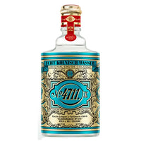 Image 1 : Flacon 4711 Eau de Cologne Echt Kölnisch Wasser en verre transparent avec étiquette turquoise et dorée, bouchon doré et col rouge décoré — Delvale
