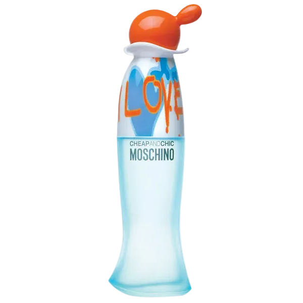 Moschino Cheap and Chic I Love Love EDT — flacon turquoise iconique inscription LOVE orange vaporisateur