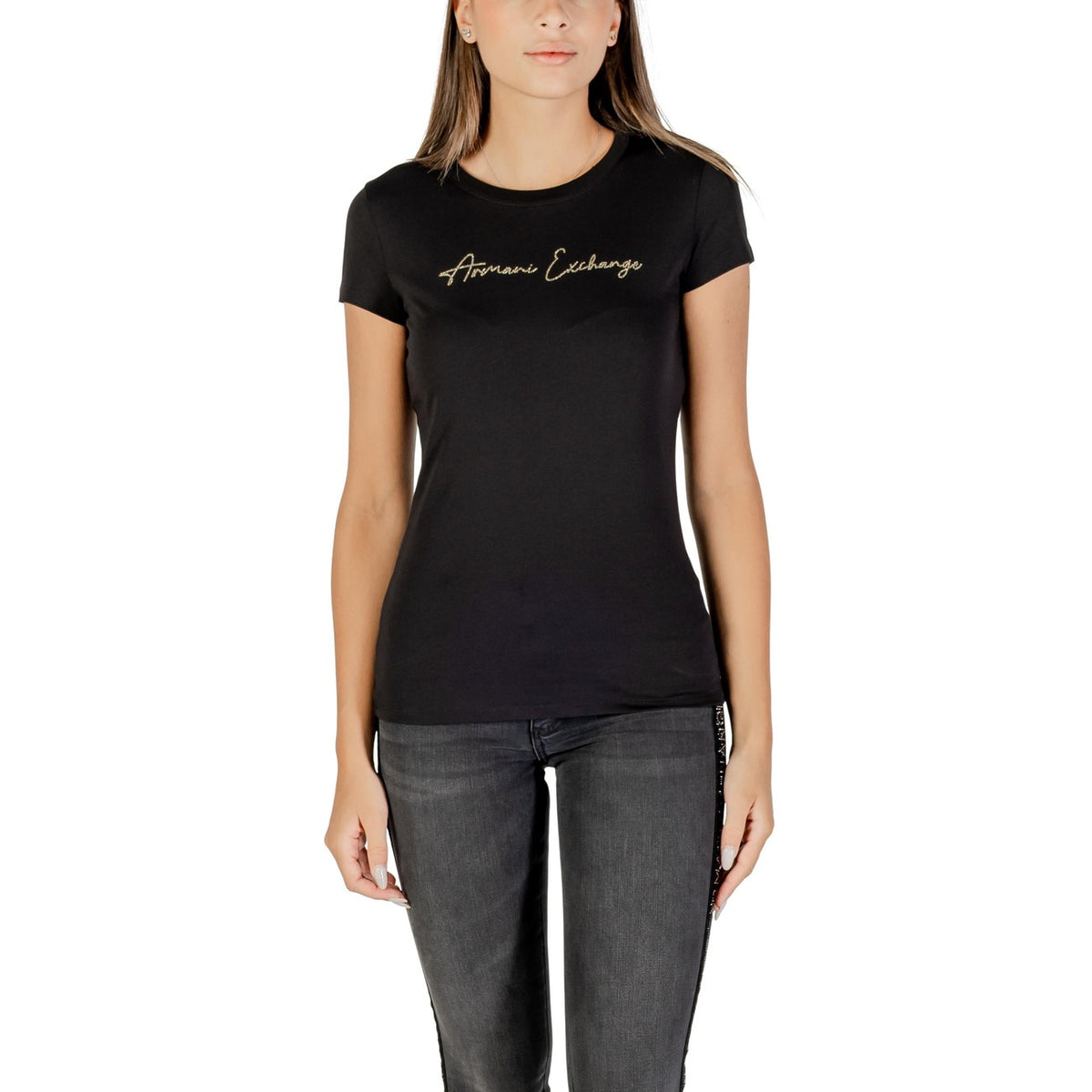 Image 4 : Détail des finitions strass sur t-shirt blanc Armani Exchange femme — delvale