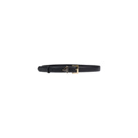 Image 1 : Ceinture fine Guess femme noire texturée saffiano avec boucle rectangle dorée et logo triangle Guess, vue de face enroulée — Delvale