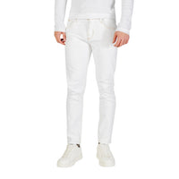 Image 1 : Jean slim blanc Antony Morato porté par un homme de face, avec coutures contrastées beige et fermeture zip — 9yvwh4-xt