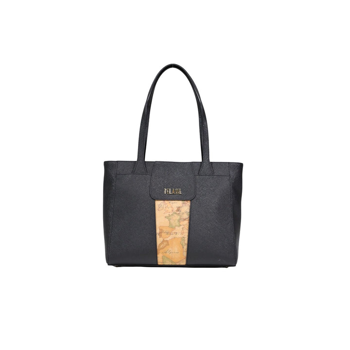 Image 1 : Tote bag Alviero Martini Prima Classe noir finition saffiano avec bandeau central motif géographique vintage et logo métal doré, vue de face — Delvale