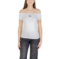 Image 1 : T-shirt blanc Calvin Klein Jeans pour femme à col bateau et manches courtes — delvale