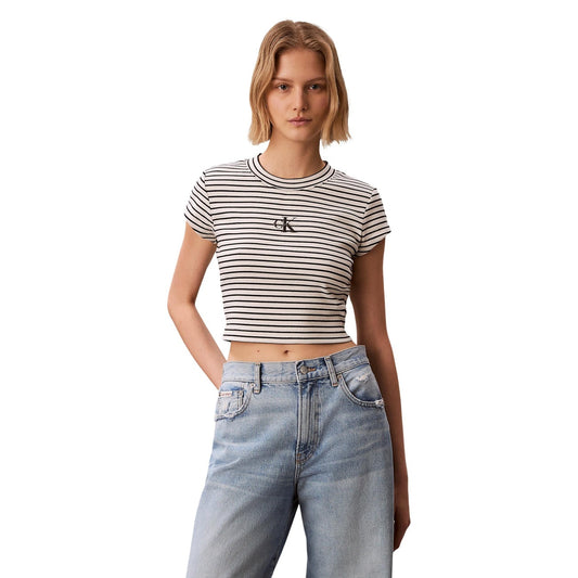 Image 1 : Top Calvin Klein Jeans noir à rayures blanches, manches courtes et col rond pour femme — Delvale