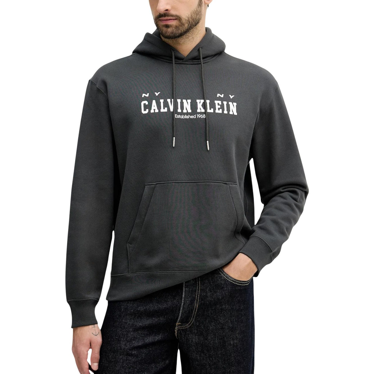 Image 1 : Sweat à capuche Calvin Klein Jeans gris homme avec imprimé Established 1968 NY — Delvale