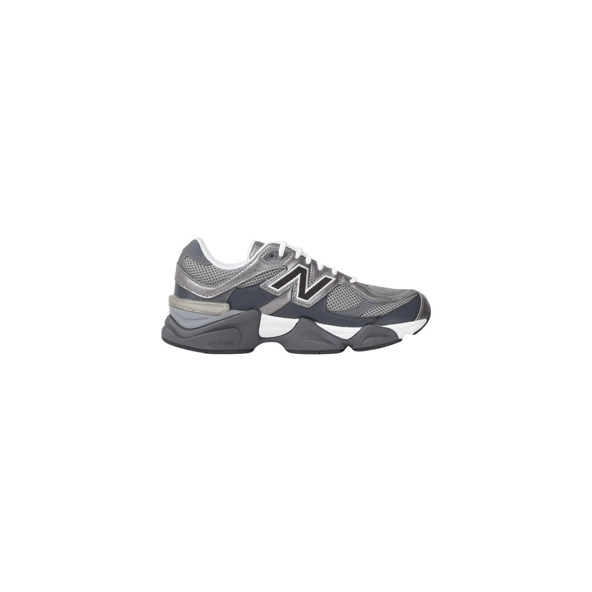 New Balance 9060 Femme Gris Anthracite Marine Logo N Semelle Blanche — vue profil extérieur — Delvale
