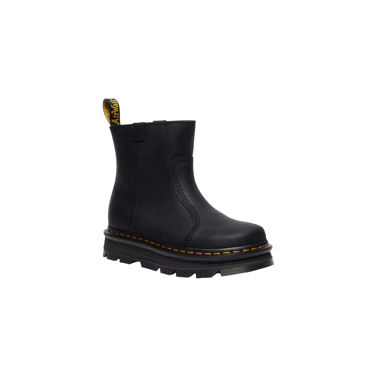 Dr. Martens Zebzag Rigger noires femme vue de trois quarts, paire de bottines en cuir noir
