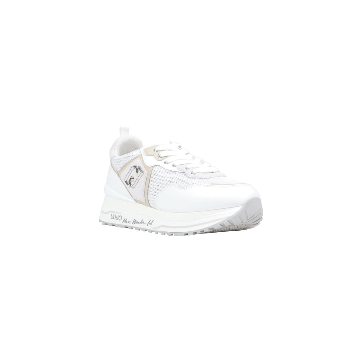 Image 2 : Baskets Liu Jo Maxi Wonder femme blanc et beige, détail mesh texturé et contrefort beige au talon — Delvale
