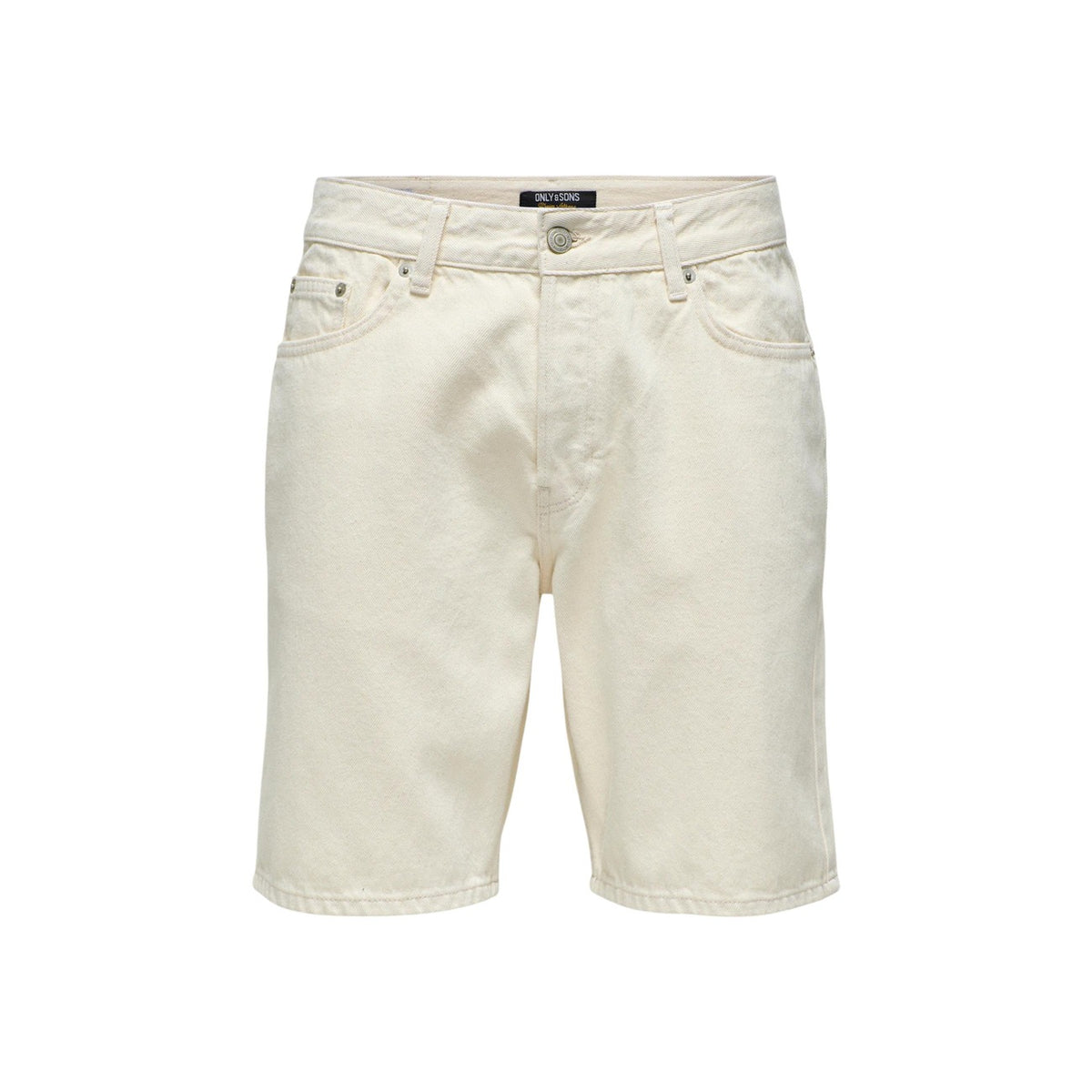 Image 3 : Détail du bermuda denim Only & Sons avec fermeture zip et bouton, poches frontales visibles — Delvale