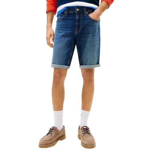 Tommy Hilfiger Jeans Bermuda Homme Bleu Denim Revers Roulé Vue de Face — Delvale