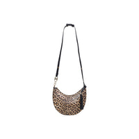 Image 1 : Sac bandoulière Liu Jo demi-lune motif léopard beige avec bandoulière noire réglable et pompon à franges, vue de face — Delvale