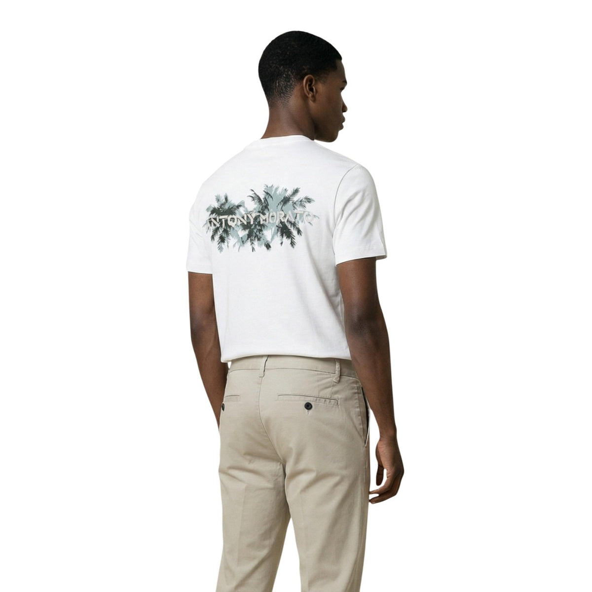 Image 2 : Vue de face du t-shirt Antony Morato blanc manches courtes, impression palmiers poitrine, coupe droite masculine — 9yvwh4-xt