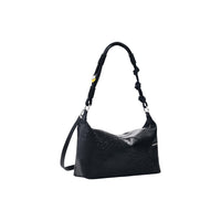 Image 2 : Détail texture bimatière sac baguette Desigual noir avec relief floral ton sur ton — delvale
