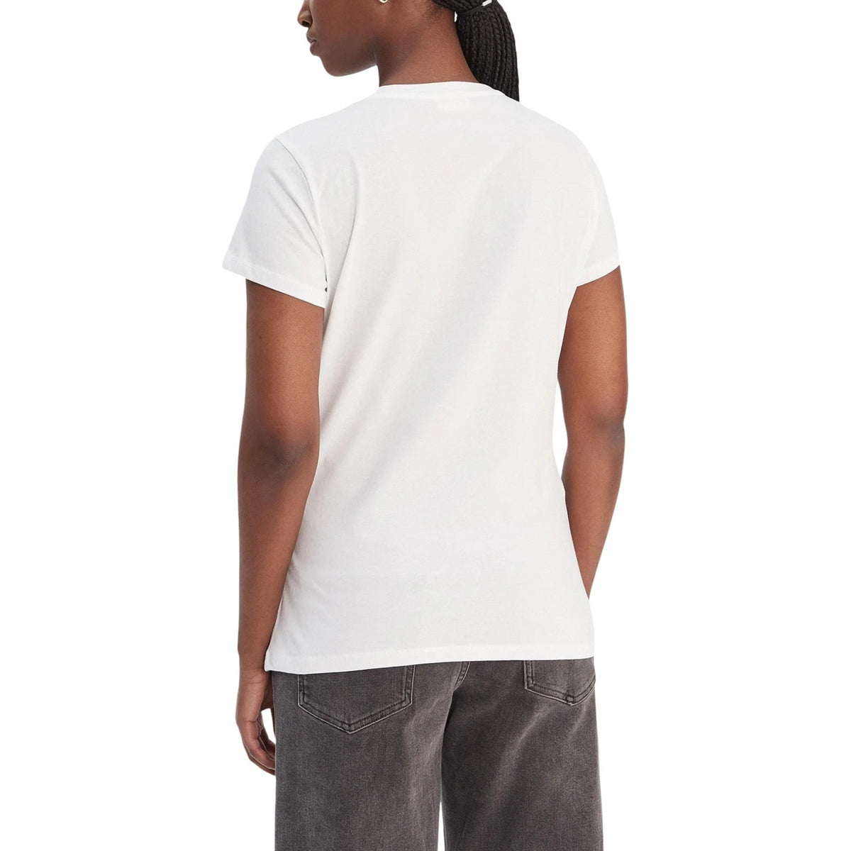 Image 3 : Détail de l'imprimé floral coloré et du logo Liu Jo en lettrage cursif noir sur t-shirt blanc femme — Delvale