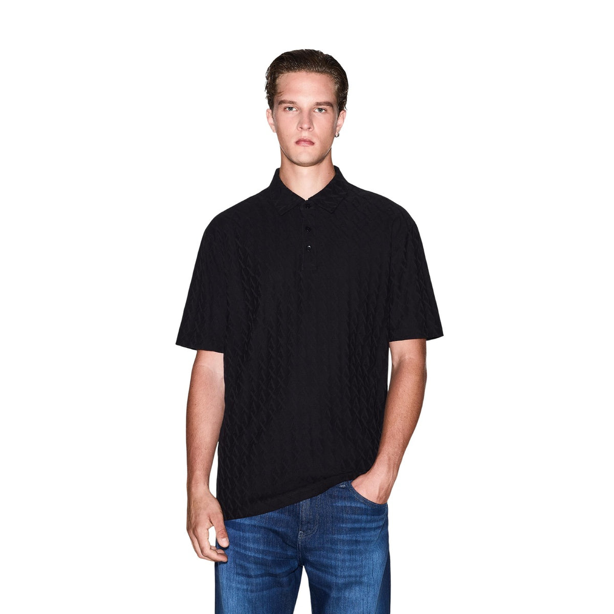 Polo Armani Exchange homme noir vue portée de dos — tombé coton finitions soignées