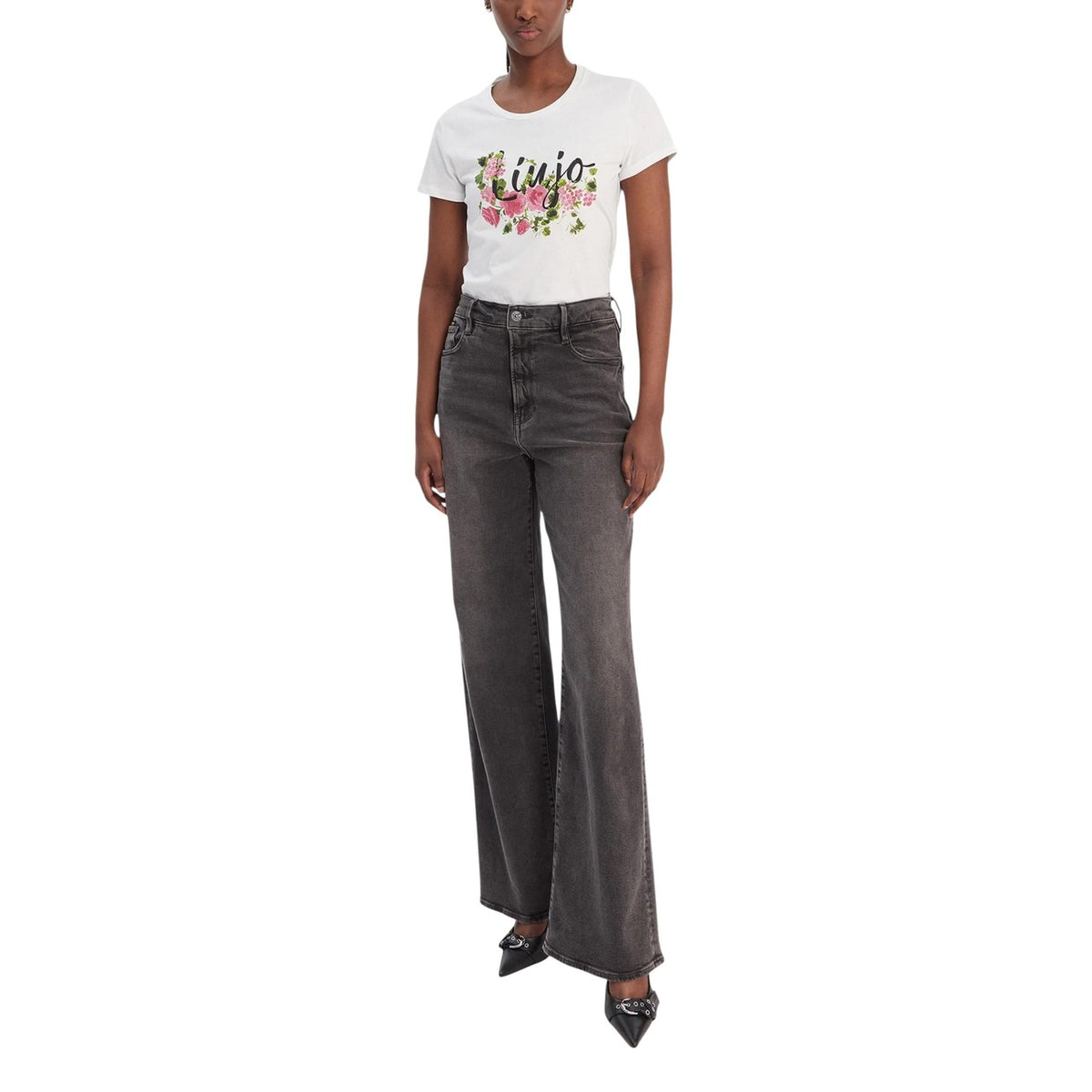 Image 2 : Vue de face du t-shirt Liu Jo femme blanc imprimé fleurs roses et feuillages verts, coupe ajustée manches courtes — Delvale