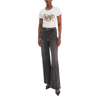 Image 2 : Vue de face du t-shirt Liu Jo femme blanc imprimé fleurs roses et feuillages verts, coupe ajustée manches courtes — Delvale