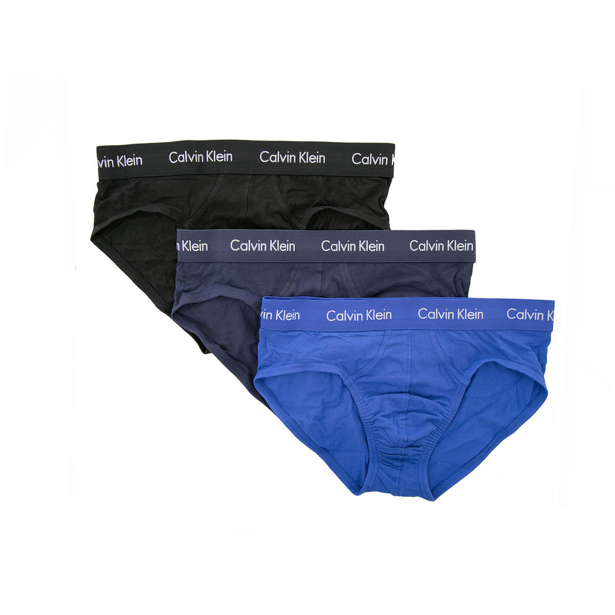 Image 2 : Détail des 3 slips Calvin Klein Underwear homme en coton stretch, vue de face superposés sur fond blanc — Delvale