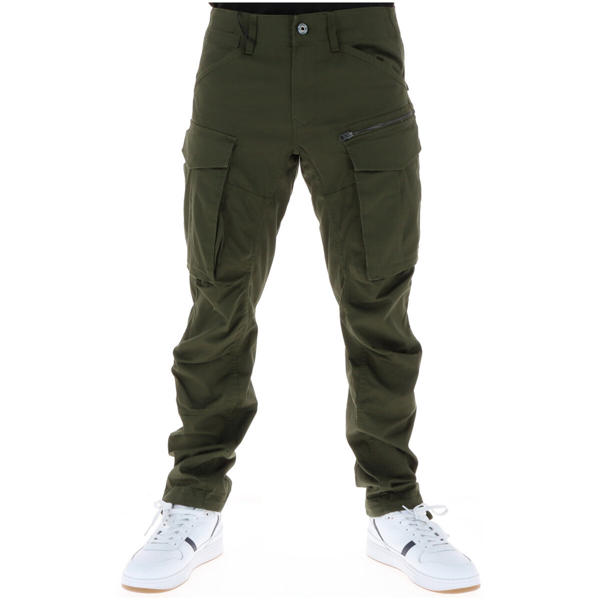 Image 1 : Pantalon cargo G-Star homme coupe slim couleur vert kaki, vue de face portée avec des sneakers blanches — Delvale